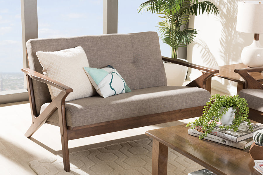Baxton Studio Bianca Mid-Century Modern Walnut Wood Light Grey Fabric Tufted 2-Seater Loveseat | Modishstore | Loveseats
