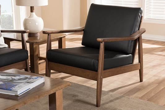 Baxton Studio Venza Mid-Century Modern Walnut Wood Black Faux Leather Lounge Chair | Modishstore | Lounge Chairs