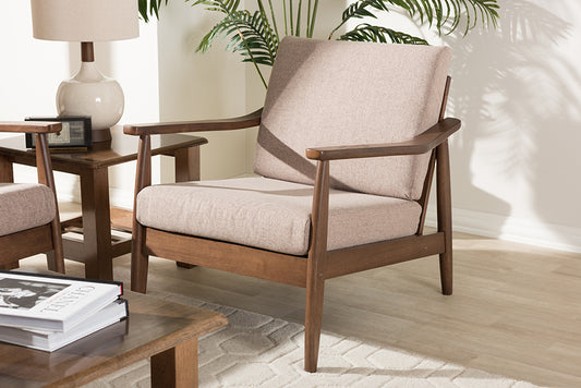 Baxton Studio Venza Mid-Century Modern Walnut Wood Light Brown Fabric Upholstered Lounge Chair | Modishstore | Lounge Chairs