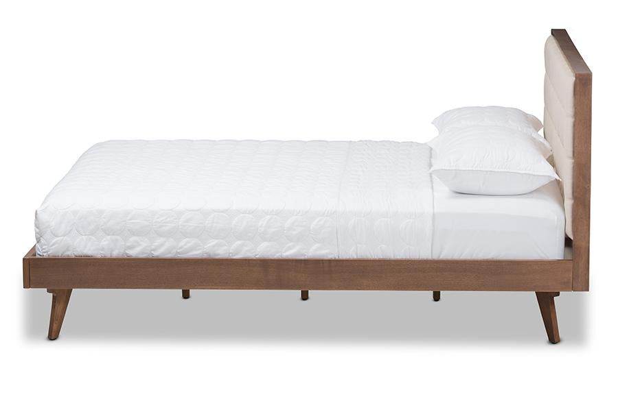 baxton studio soloman mid century modern light beige fabric and walnut brown finished wood queen size platform bed | Modish Furniture Store-3