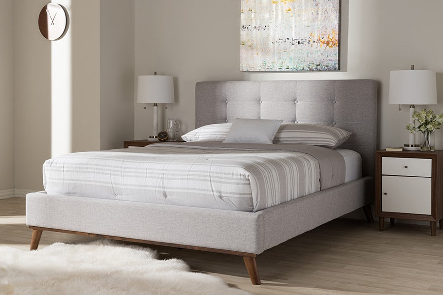 baxton studio valencia mid century modern greyish beige fabric queen size platform bed | Modish Furniture Store-9