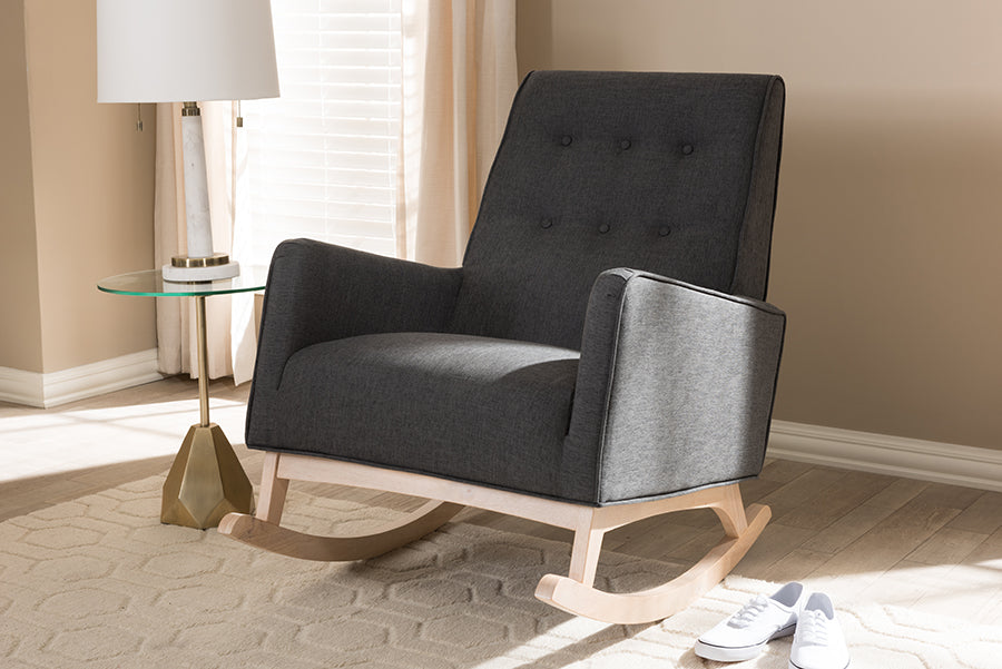 Baxton Studio Marlena Mid-Century Modern Dark Grey Fabric Upholstered Whitewash Wood Rocking Chair | Rocking Chairs | Modishstore - 3