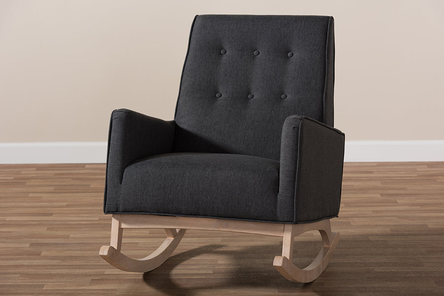 Baxton Studio Marlena Mid-Century Modern Dark Grey Fabric Upholstered Whitewash Wood Rocking Chair | Rocking Chairs | Modishstore - 2