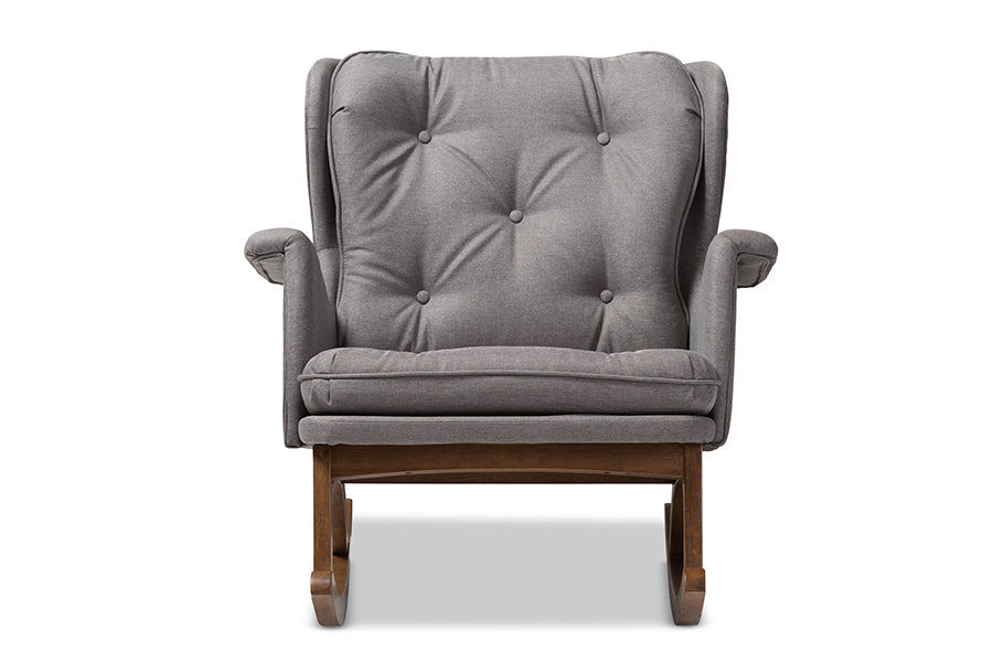 Baxton Studio Maggie Mid-Century Modern Grey Fabric Upholstered Walnut-Finished Rocking Chair | Rocking Chairs | Modishstore - 8