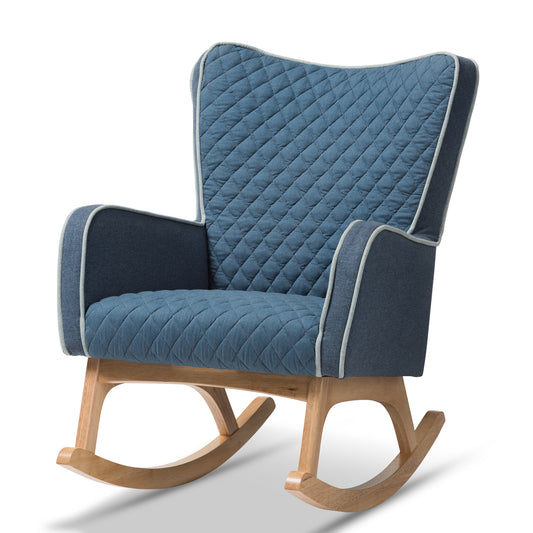 Baxton Studio Zoelle Mid-Century Modern Blue Fabric Upholstered Natural Finished Rocking Chair | Rocking Chairs | Modishstore