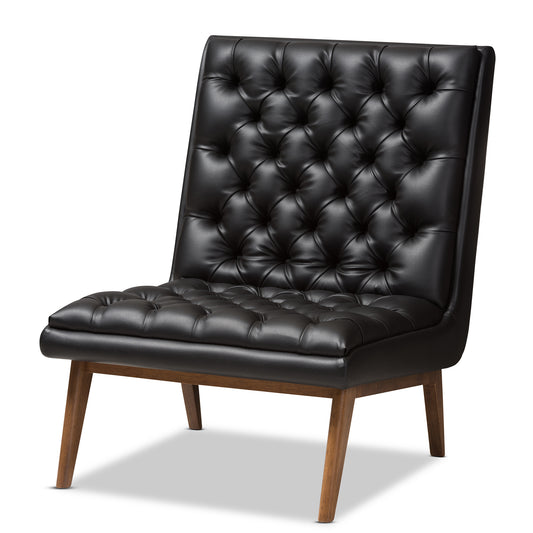 Baxton Studio Annetha Mid-Century Modern Black Faux Leather Upholstered Walnut Finished Wood Lounge Chair | Lounge Chairs | Modishstore