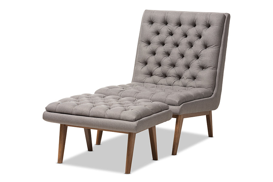 baxton studio annetha mid century modern grey fabric upholstered walnut finished wood chair and ottoman set | Modish Furniture Store-2