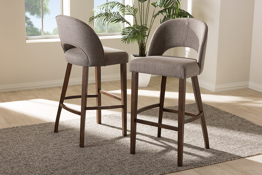 Baxton Studio Melrose Mid-Century Modern Light Grey Fabric Upholstered Walnut Finished Wood Bar Stool (Set of 2) | Modishstore | Bar Furniture