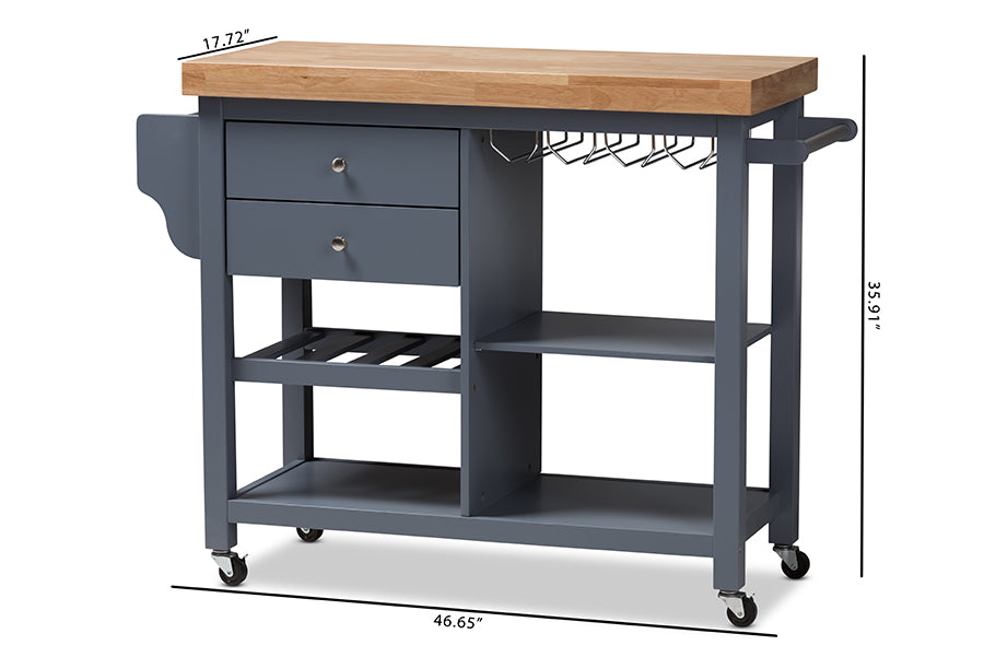 Baxton Studio Sunderland Coastal and Farmhouse Grey Wood Kitchen Cart | Bar Carts | Modishstore - 12
