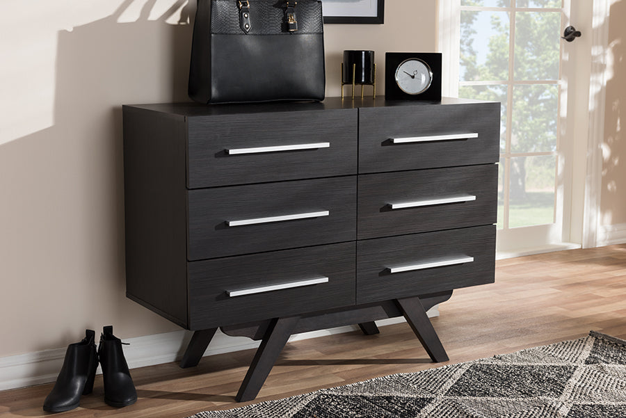 Baxton Studio Auburn Mid-Century Modern Espresso Brown Finished Wood 6-Drawer Dresser | Modishstore | Drawers