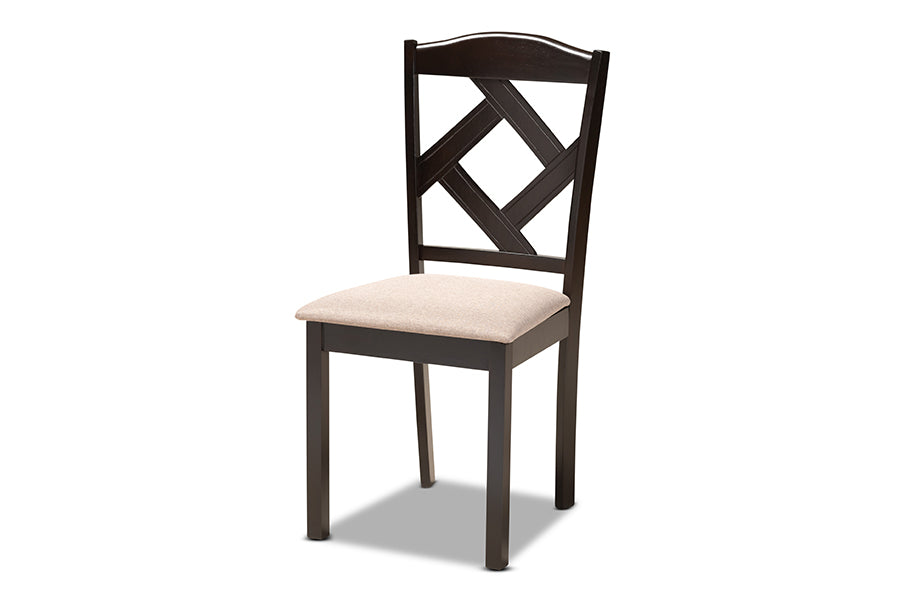 baxton studio quinlan modern and contemporary sand fabric upholstered and dark brown finished wood 5 piece dining set | Modish Furniture Store-3