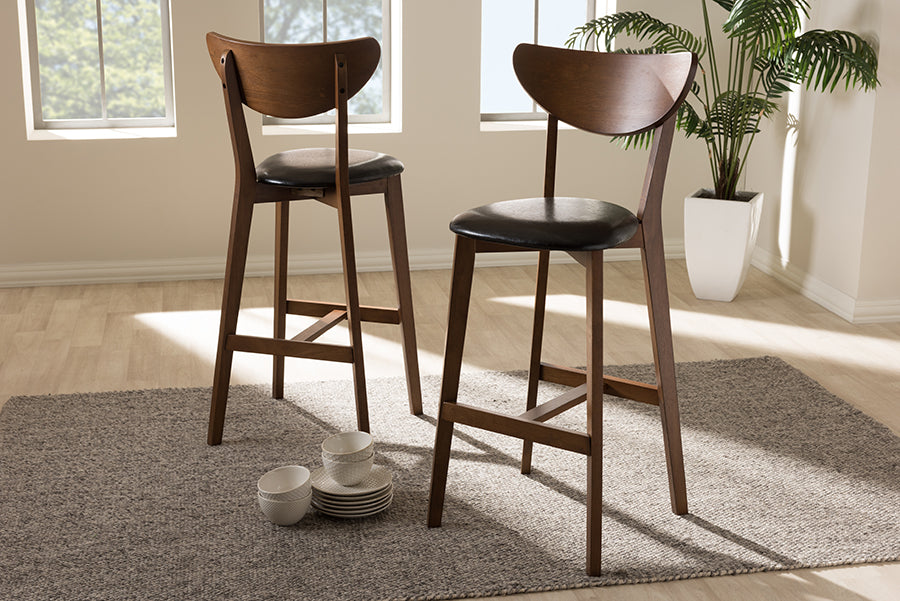 Baxton Studio Eline Mid-Century Modern Black Faux Leather Upholstered Walnut Finished Bar Stool (Set of 2) | Modishstore | Bar Furniture