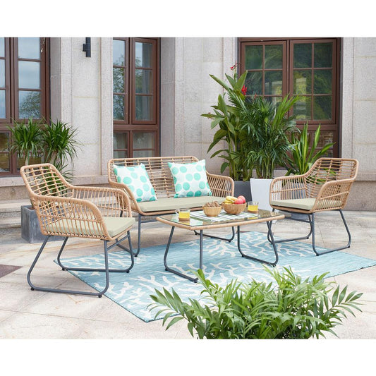 Antibes 2.0 Steel Rattan 4-Piece Patio Conversation Set with Cushions in Cream By Manhattan Comfort | Outdoor Sofas, Loveseats & Sectionals | Modishstore