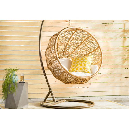Zolo Hanging Lounge Egg  Swing Chair in Cream and Saddle Brown By Manhattan Comfort | Outdoor Porch Swings | Modishstore