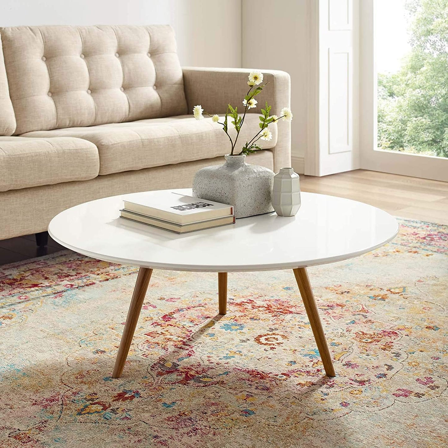 Modway Lippa 47" Round Wood Top Coffee Table with Tripod Base in Walnut White - EEI-3667 | Coffee Tables | Modishstore - 3