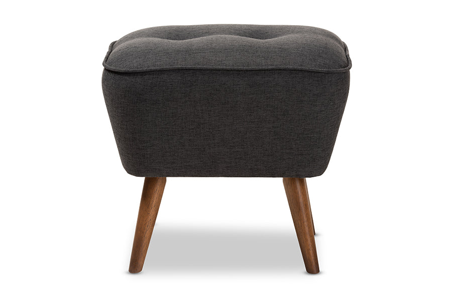 baxton studio petronelle mid century modern dark grey fabric upholstered walnut brown finished wood ottoman | Modish Furniture Store-3