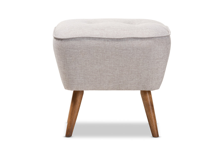 baxton studio petronelle mid century modern greyish beige fabric upholstered walnut brown finished wood ottoman | Modish Furniture Store-3