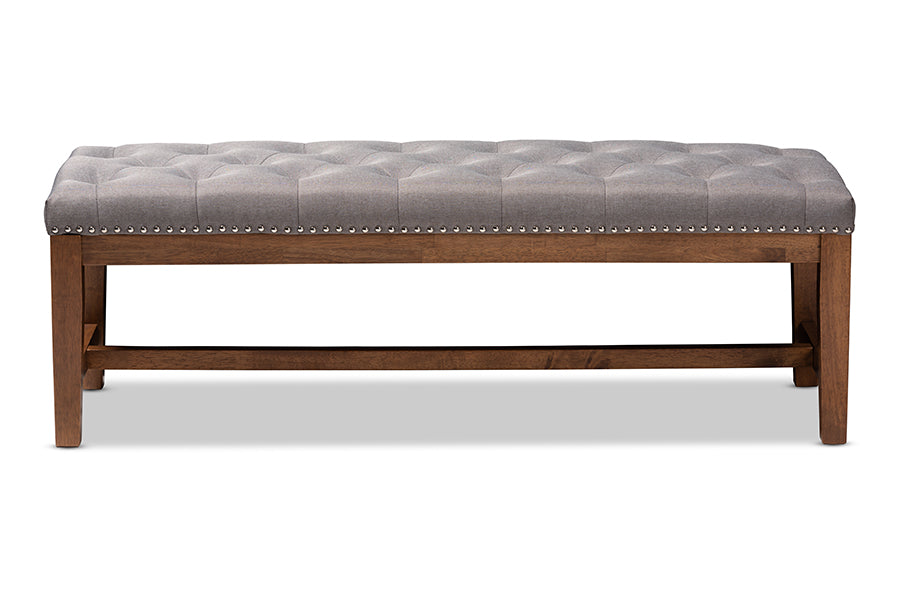 baxton studio ainsley modern and contemporary grey fabric upholstered walnut finished solid rubberwood bench | Modish Furniture Store-2