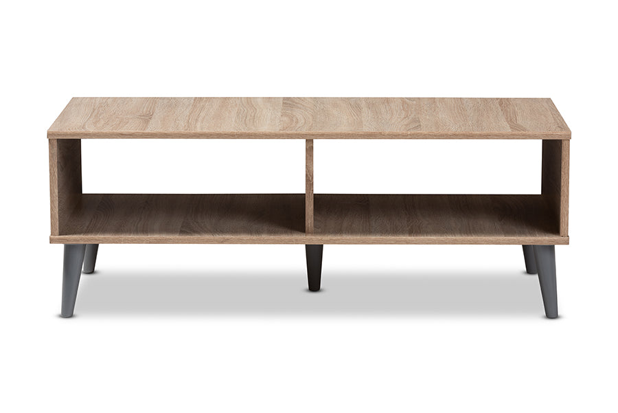 baxton studio pierre mid century modern oak and light grey finished wood coffee table | Modish Furniture Store-3