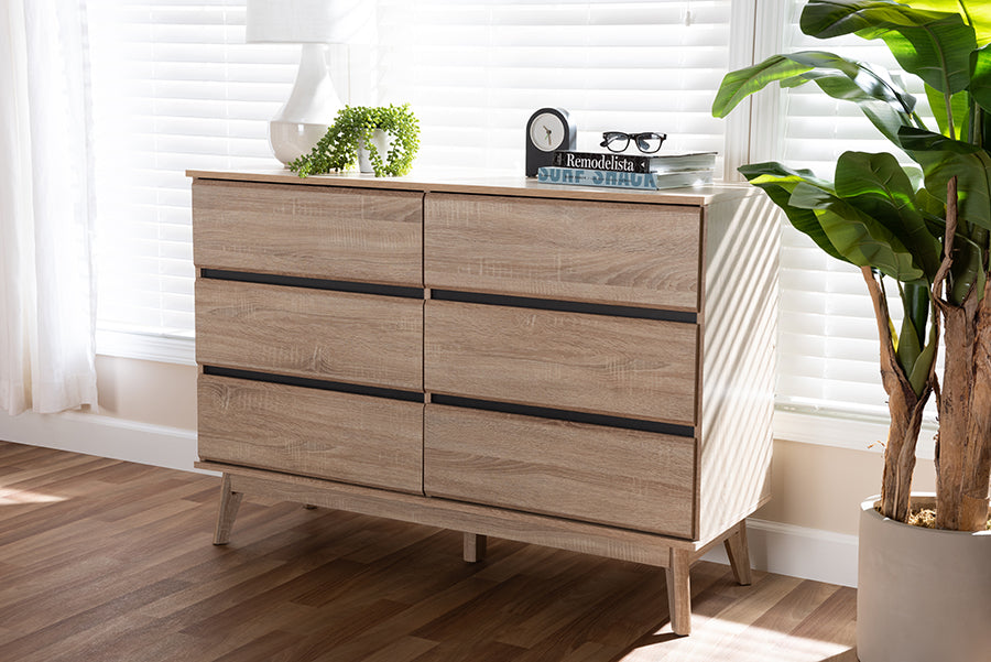 Mirren Light Oak 6 Drawer Dresser: Mid-Century Modern, Wood Composite Frame