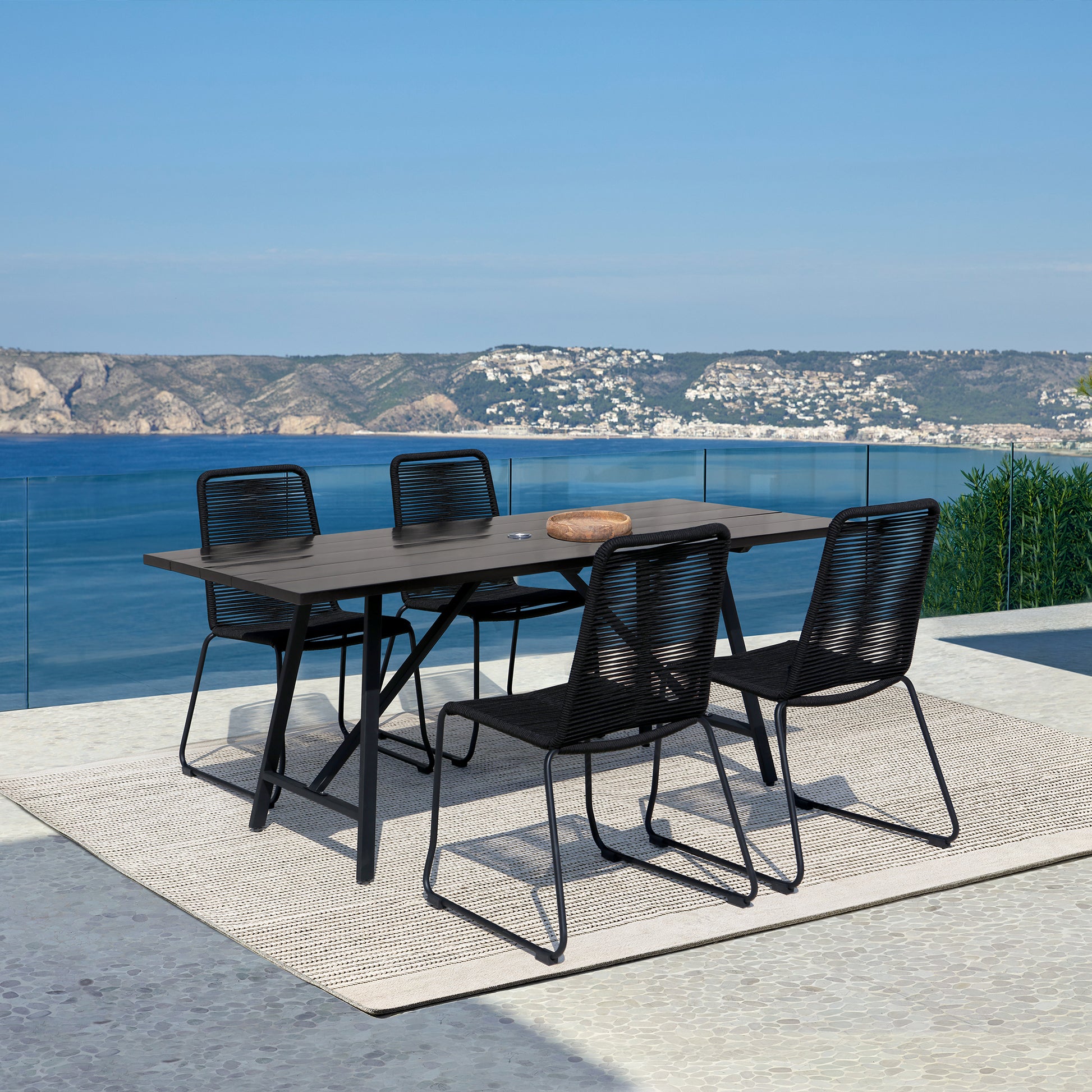 Koala and Shasta 5 Piece Dining Set in Dark Eucalyptus and Metal with Black Rope By Armen Living | Outdoor Dining Sets | Modishstore