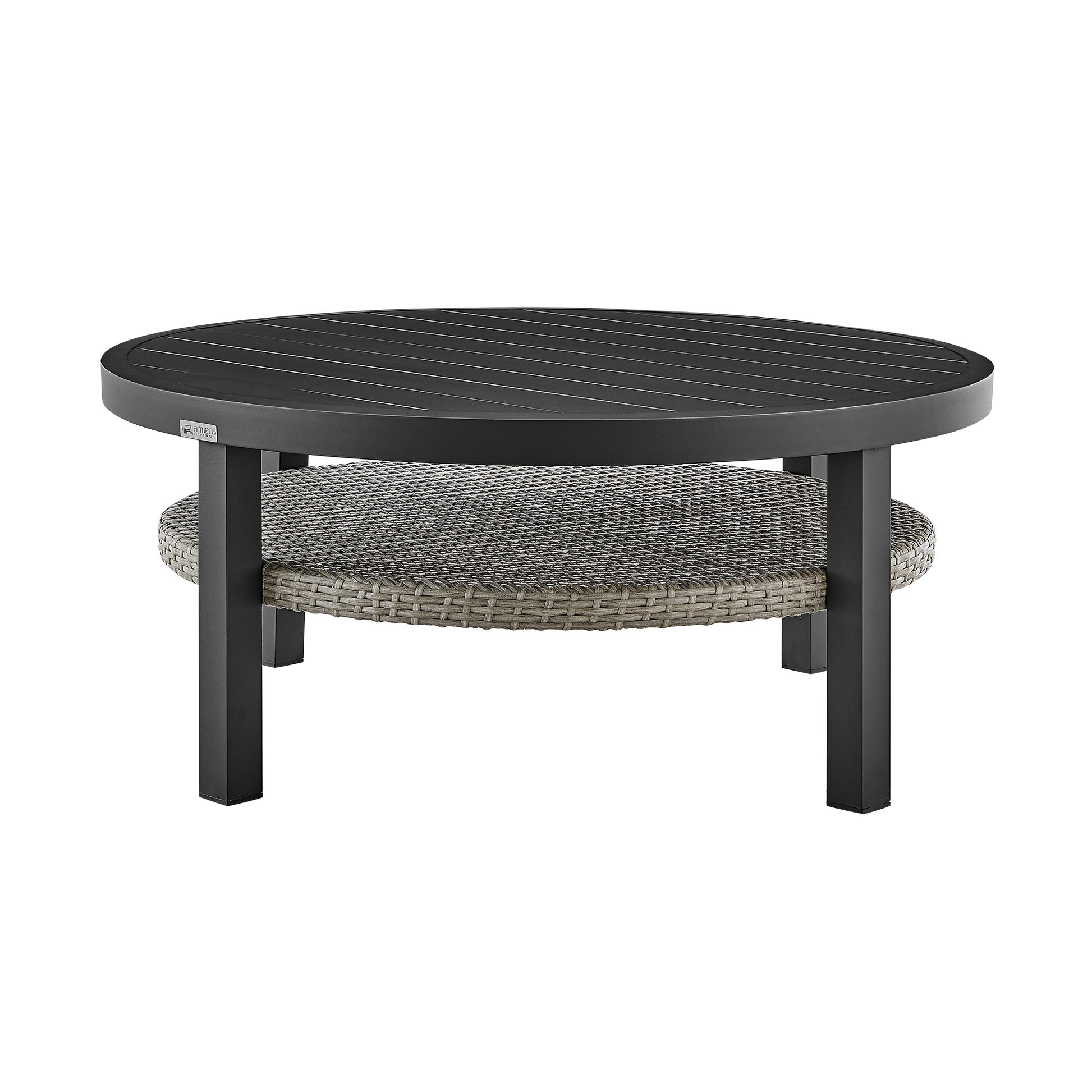 Aileen Outdoor Patio Round Coffee Table in Black Aluminum with Grey Wicker Shelf By Armen Living | Outdoor Tables | Modishstore - 2