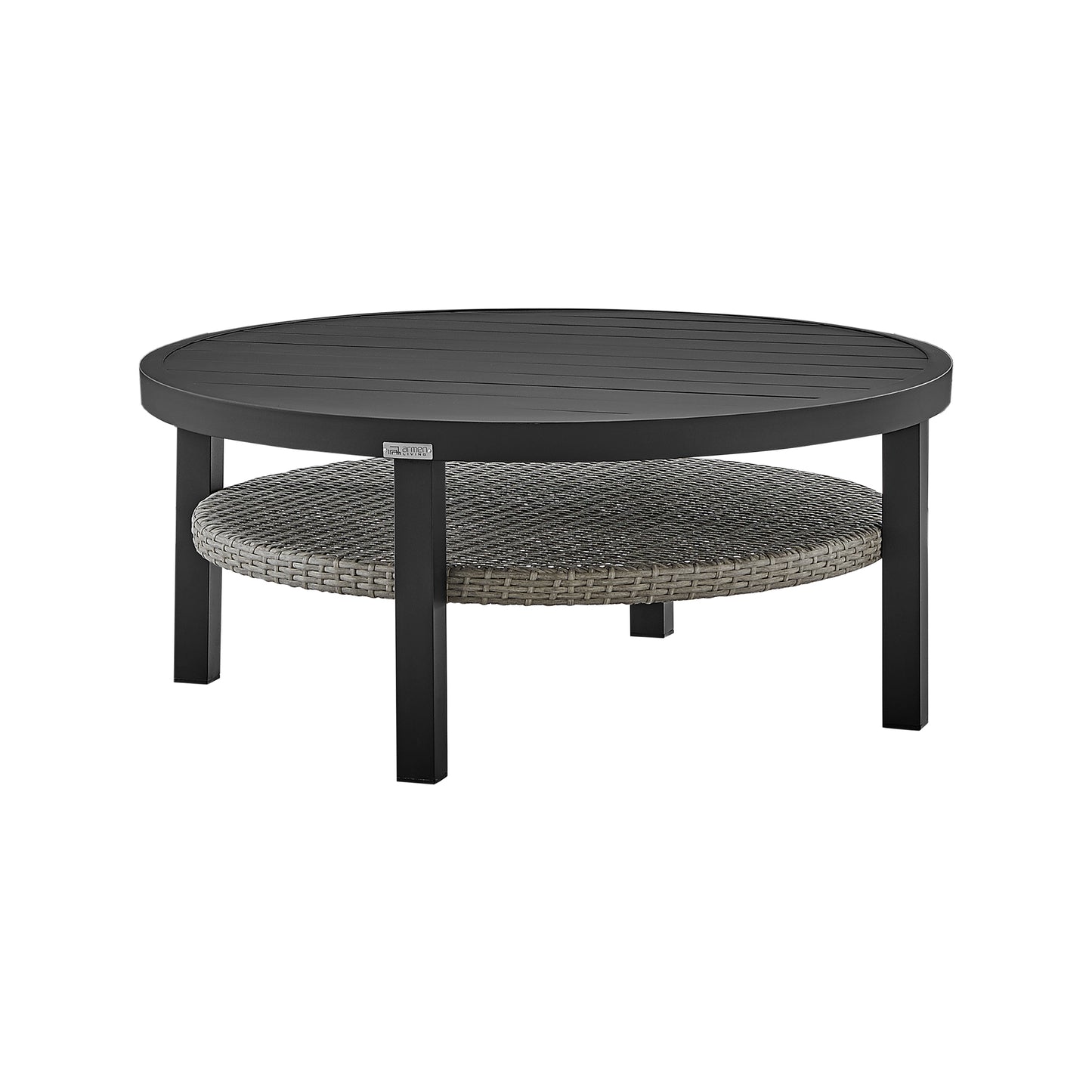Aileen Outdoor Patio Round Coffee Table in Black Aluminum with Grey Wicker Shelf By Armen Living | Outdoor Tables | Modishstore - 3
