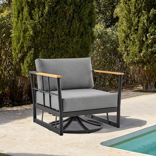 Shari Outdoor Patio Swivel Glider Lounge Chair in Black Aluminum and Teak Wood with Cushions By Armen Living | Outdoor Chairs | Modishstore