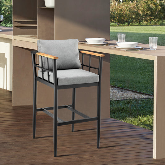 Wiglaf Outdoor Patio Counter Height Bar Stool in Aluminum and Teak with Grey Cushions By Armen Living | Bar Stools | Modishstore