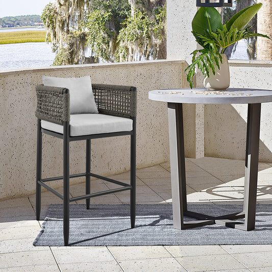 Felicia Outdoor Patio Bar Stool in Aluminum with Grey Rope and Cushions By Armen Living | Bar Stools | Modishstore