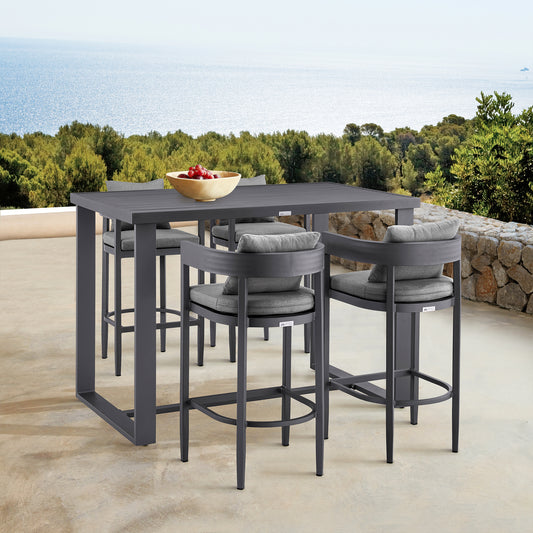 Argiope Outdoor Patio 5-Piece Bar Table Set in Aluminum with Grey Cushions By Armen Living | Bar Stools & Table | Modishstore
