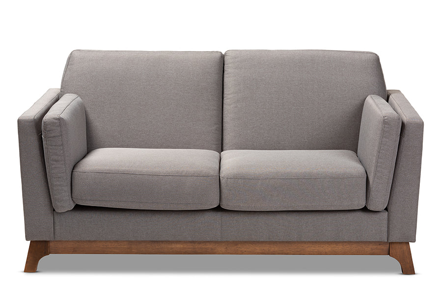 baxton studio sava mid century modern grey fabric upholstered walnut wood 2 seater loveseat | Modish Furniture Store-3