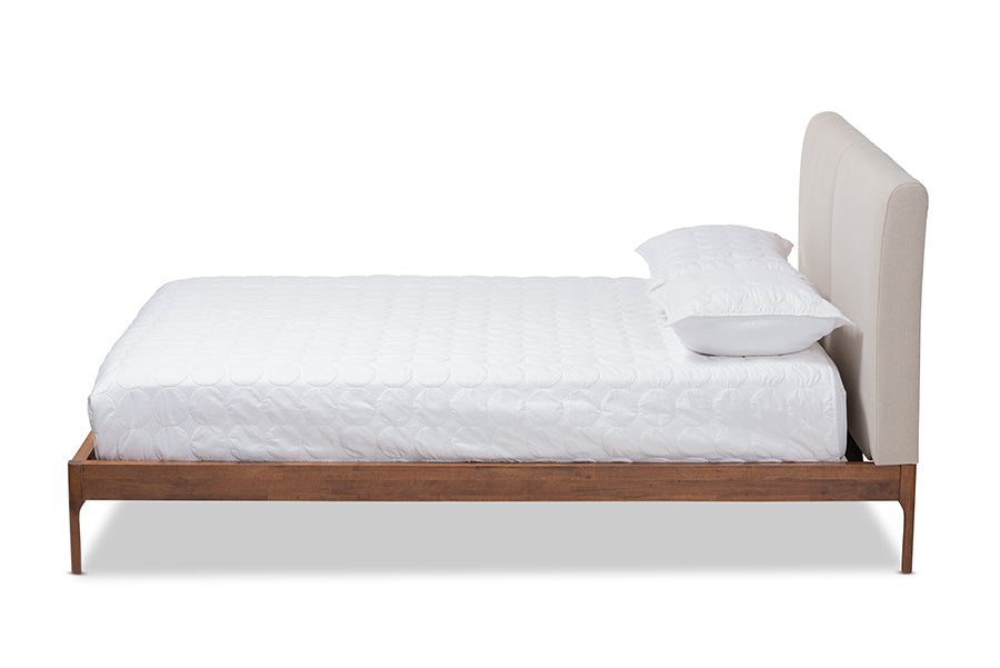baxton studio aveneil mid century modern beige fabric upholstered walnut finished queen size platform bed | Modish Furniture Store-3