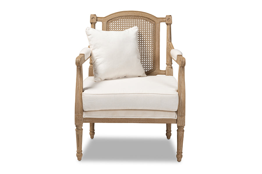 baxton studio clemence french provincial ivory fabric upholstered whitewashed wood armchair | Modish Furniture Store-3