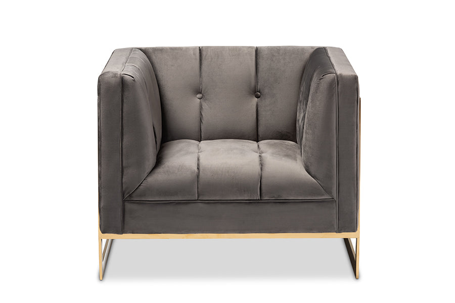 baxton studio ambra glam and luxe grey velvet fabric upholstered and button tufted armchair with gold tone frame | Modish Furniture Store-3