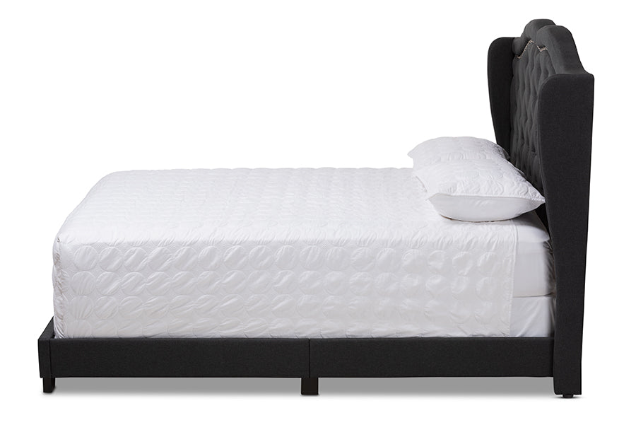 baxton studio aden modern and contemporary charcoal grey fabric upholstered queen size bed | Modish Furniture Store-3