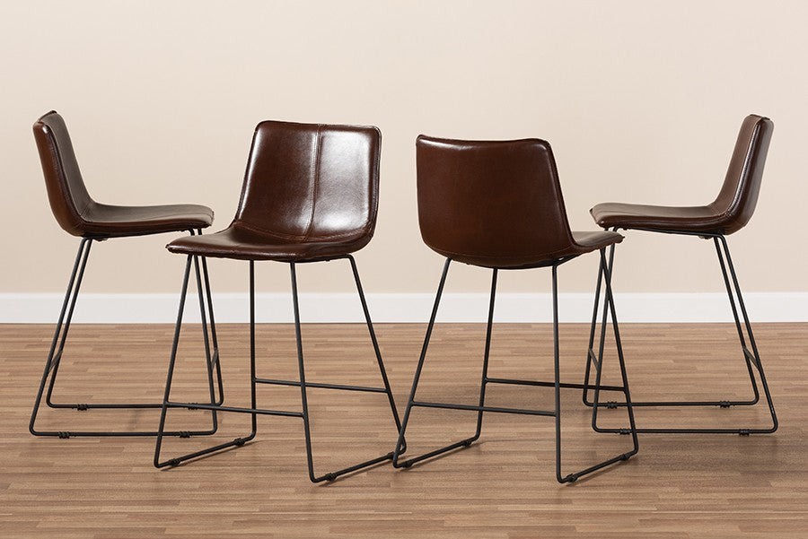 Baxton Studio Carvell Rustic and Industrial Dark Brown Faux Leather Upholstered Counter Stool Set of 4 | Modishstore | Counter Stools-4