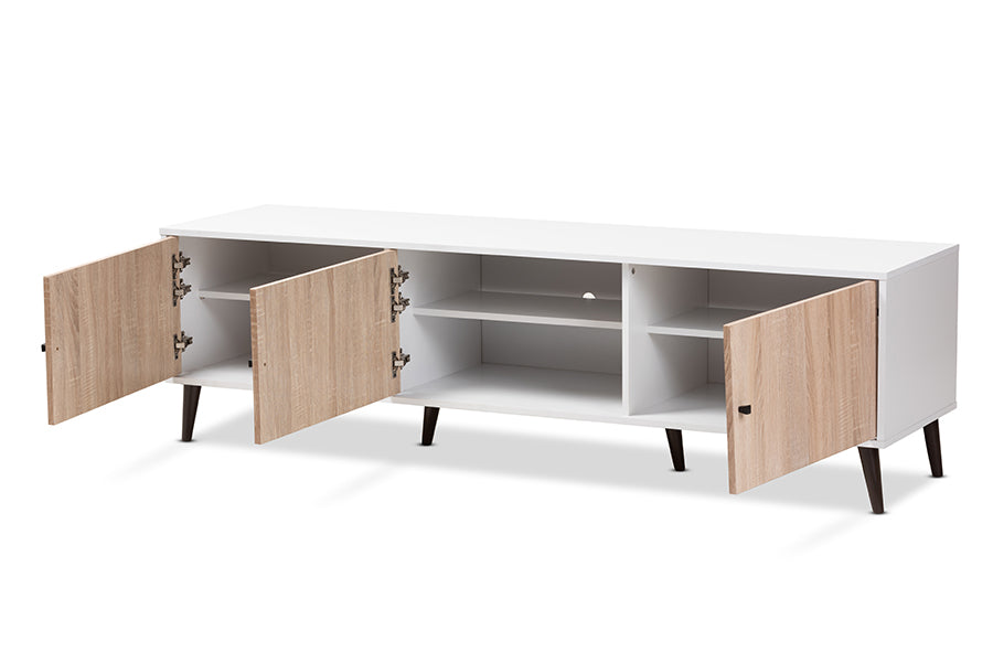 baxton studio bastien mid century modern white and light oak 6 shelf tv stand | Modish Furniture Store-3