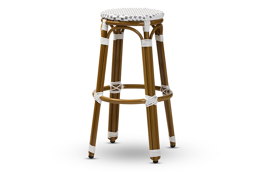 baxton studio joelle classic french indoor and outdoor grey and white bamboo style stackable bistro bar stool | Modish Furniture Store-2