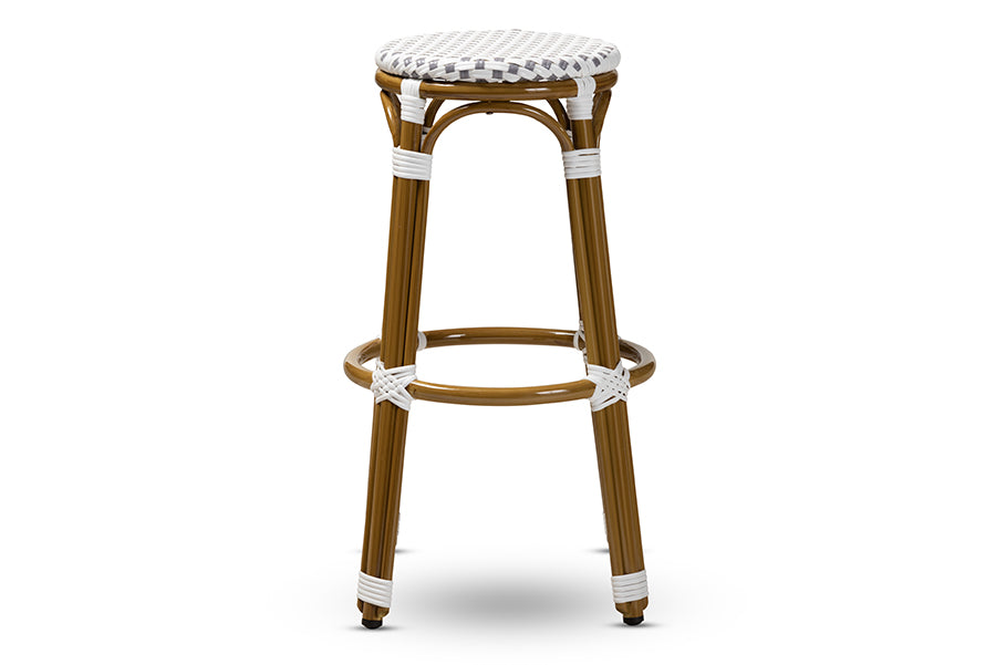 baxton studio joelle classic french indoor and outdoor grey and white bamboo style stackable bistro bar stool | Modish Furniture Store-3