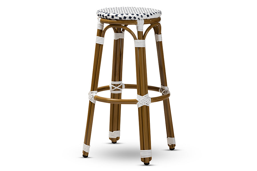 baxton studio joelle classic french indoor and outdoor navy and white bamboo style stackable bistro bar stool | Modish Furniture Store-2