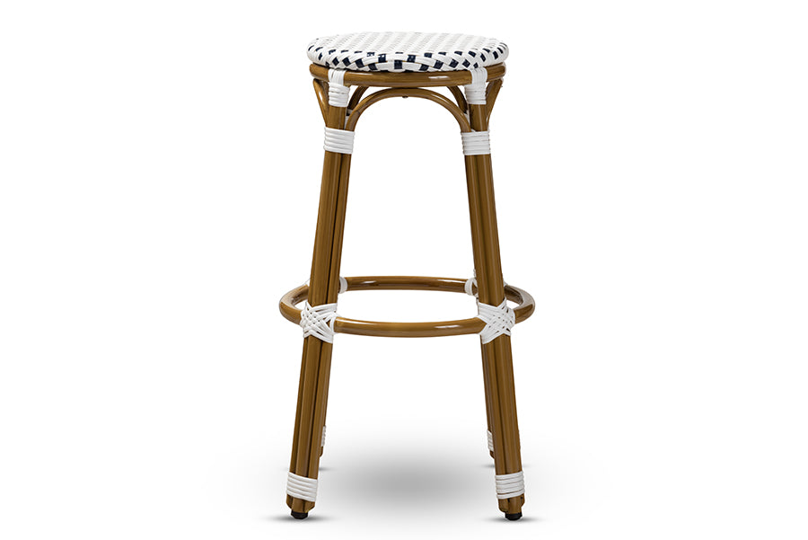 baxton studio joelle classic french indoor and outdoor navy and white bamboo style stackable bistro bar stool | Modish Furniture Store-3