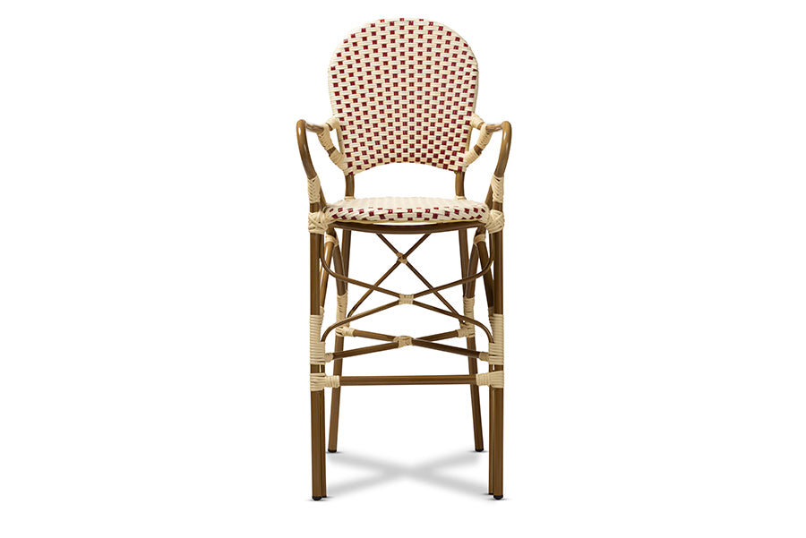 baxton studio marguerite classic french indoor and outdoor beige and red bamboo style stackable bistro bar stool | Modish Furniture Store-3