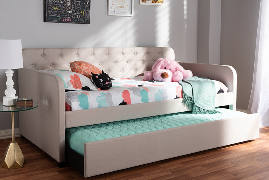 Baxton Studio Camelia Modern and Contemporary Beige Fabric Upholstered Button-Tufted Twin Size Sofa Daybed with Roll-Out Trundle Guest Bed | Modishstore | Beds