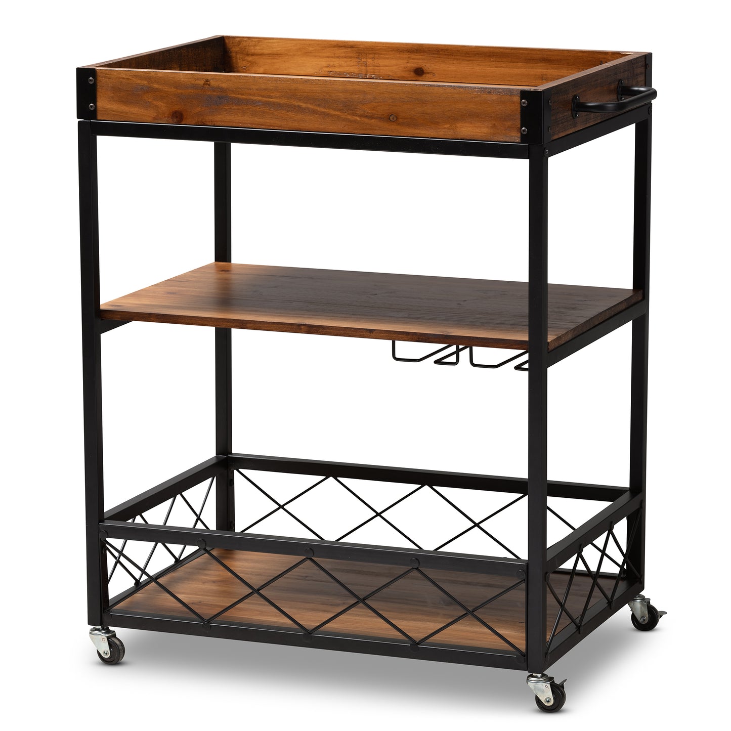 Baxton Studio Capri Vintage Rustic Industrial Oak Brown and Black Finished Mobile Metal Bar Cart with Stemware Rack | Bar Carts | Modishstore