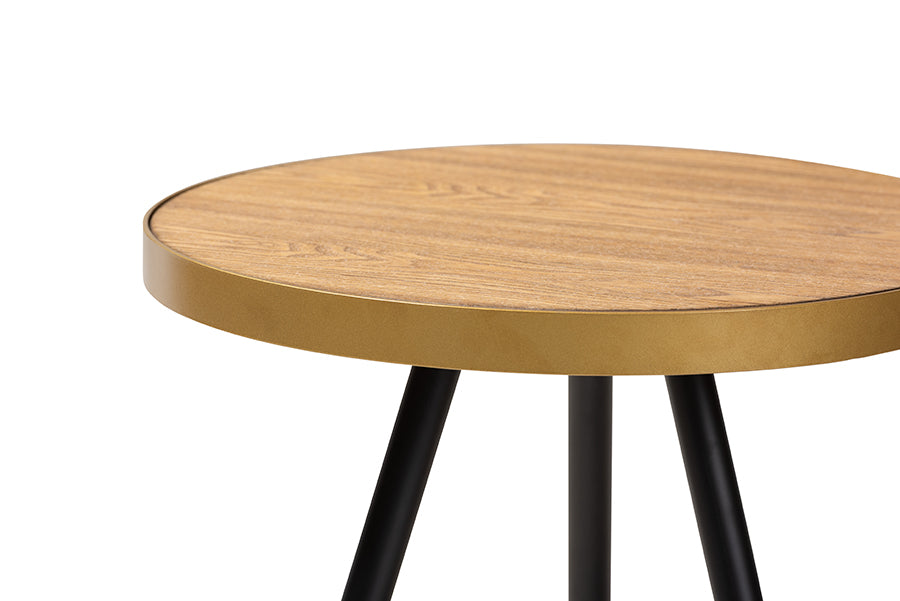 baxton studio lauro modern and contemporary round walnut wood and metal end table with two tone black and gold legs | Modish Furniture Store-3