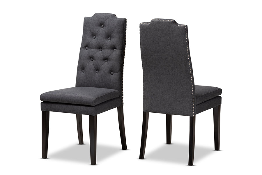Baxton Studio Dylin Modern and Contemporary Charcoal Fabric Upholstered Button Tufted Wood Dining Chair Set of 2 | Modishstore | Dining Chairs - 4