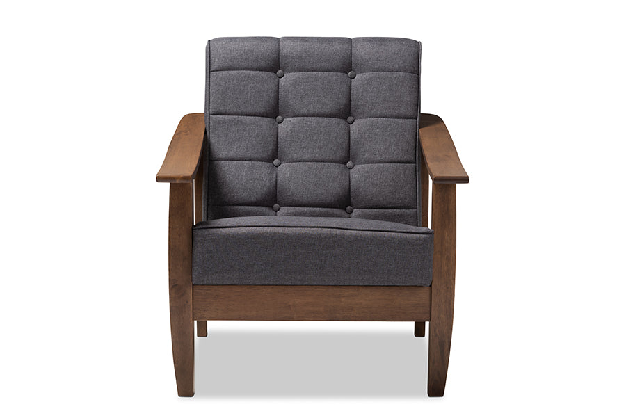 baxton studio larsen mid century modern gray fabric upholstered walnut wood lounge chair | Modish Furniture Store-3