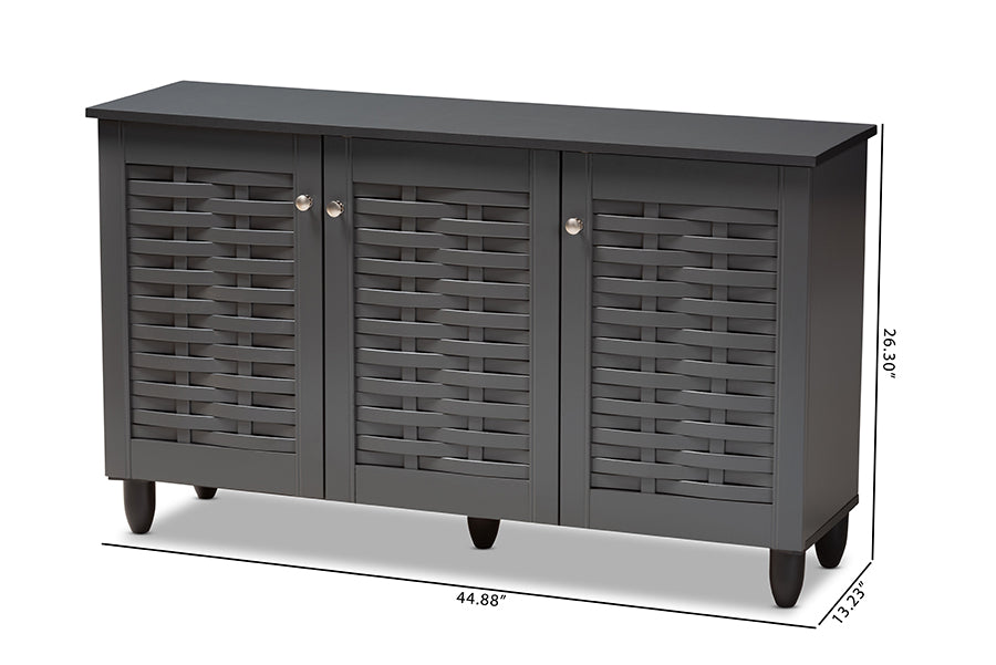 Baxton Studio Winda Modern and Contemporary Dark Gray 3-Door Wooden Entryway Shoe Storage Cabinet | Cabinets | Modishstore - 8