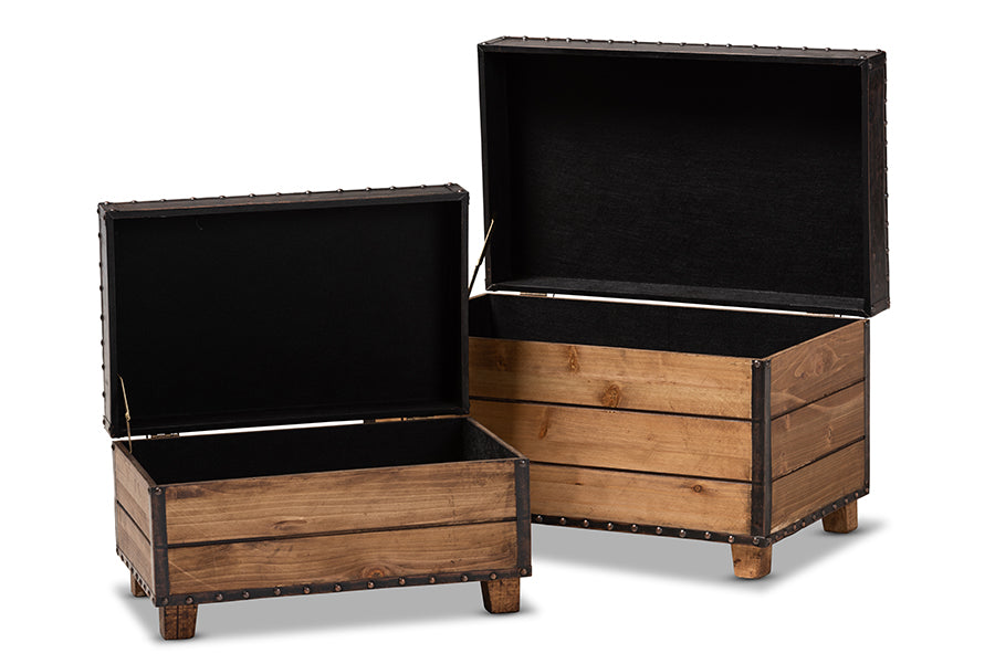 baxton studio marelli rustic dark brown faux leather upholstered 2 piece wood storage trunk ottoman set | Modish Furniture Store-3